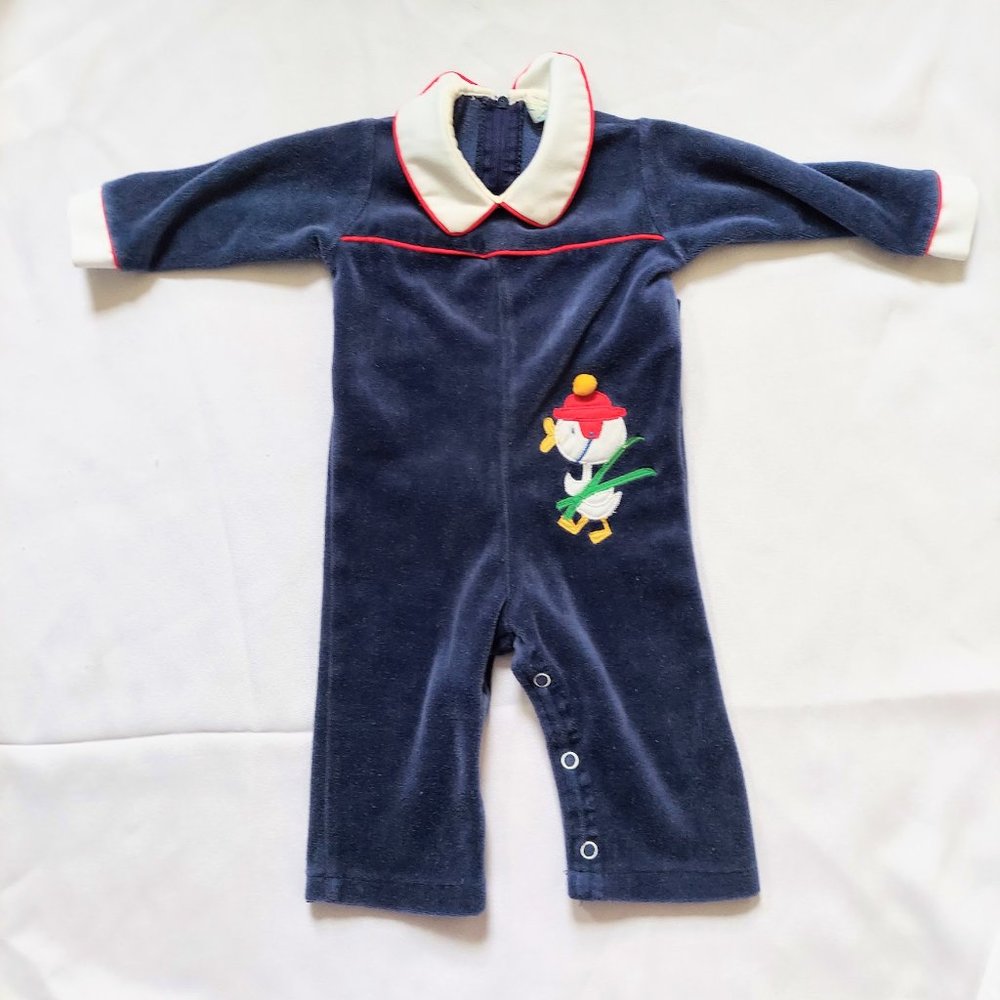 Thomas 3M-6M Blue Romper Collared Snow Ski Duck Applique Vintage
